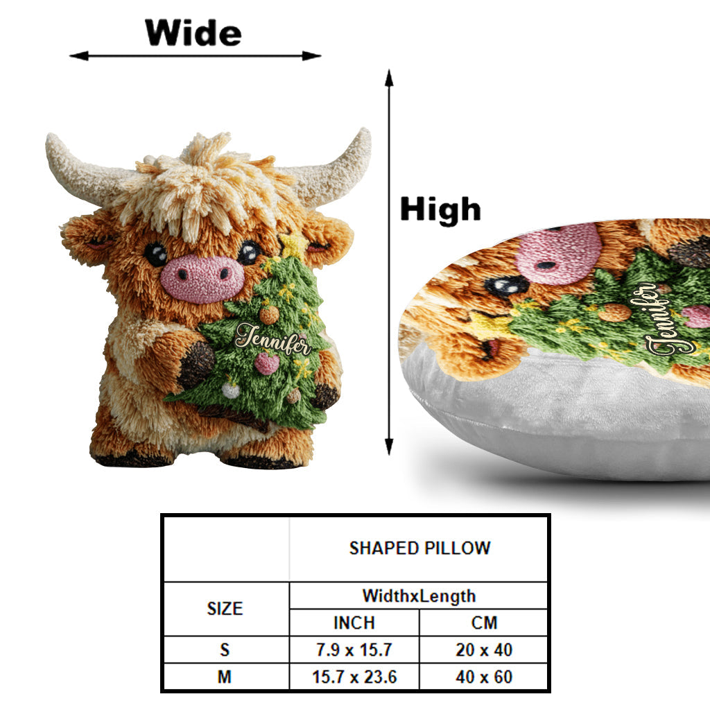 Cute Highland Cow Merry Christmas - Personalized Highland Cow Shaped Pillow