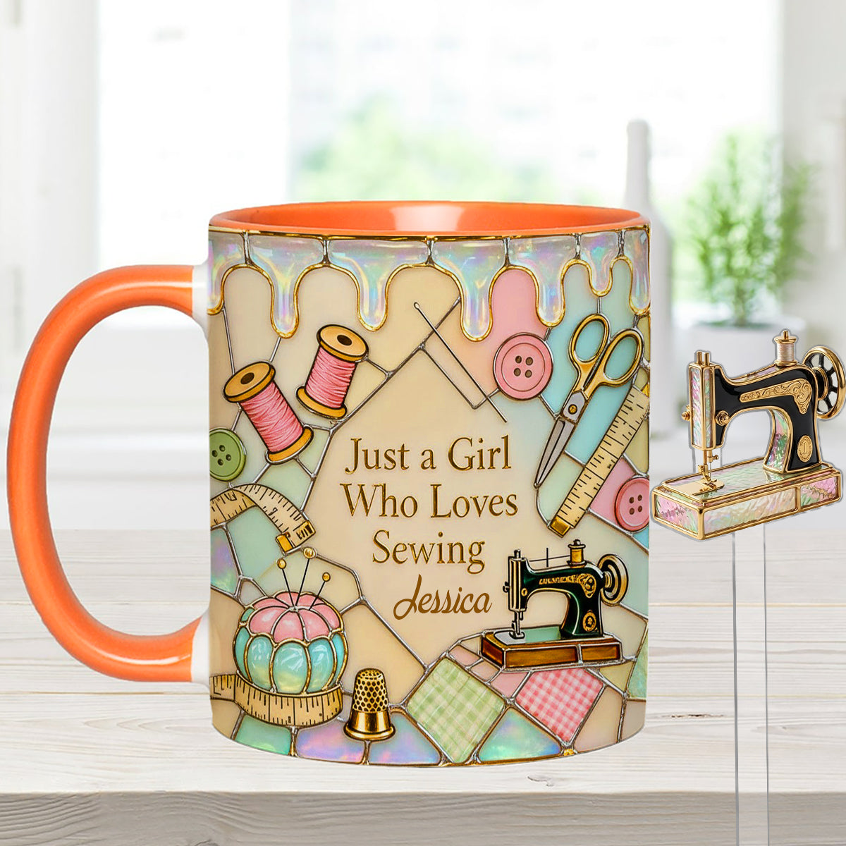 Just A Girl Who Loves Sewing - Personalized Sewing Set Accent Mug with Acrylic Stirrers
