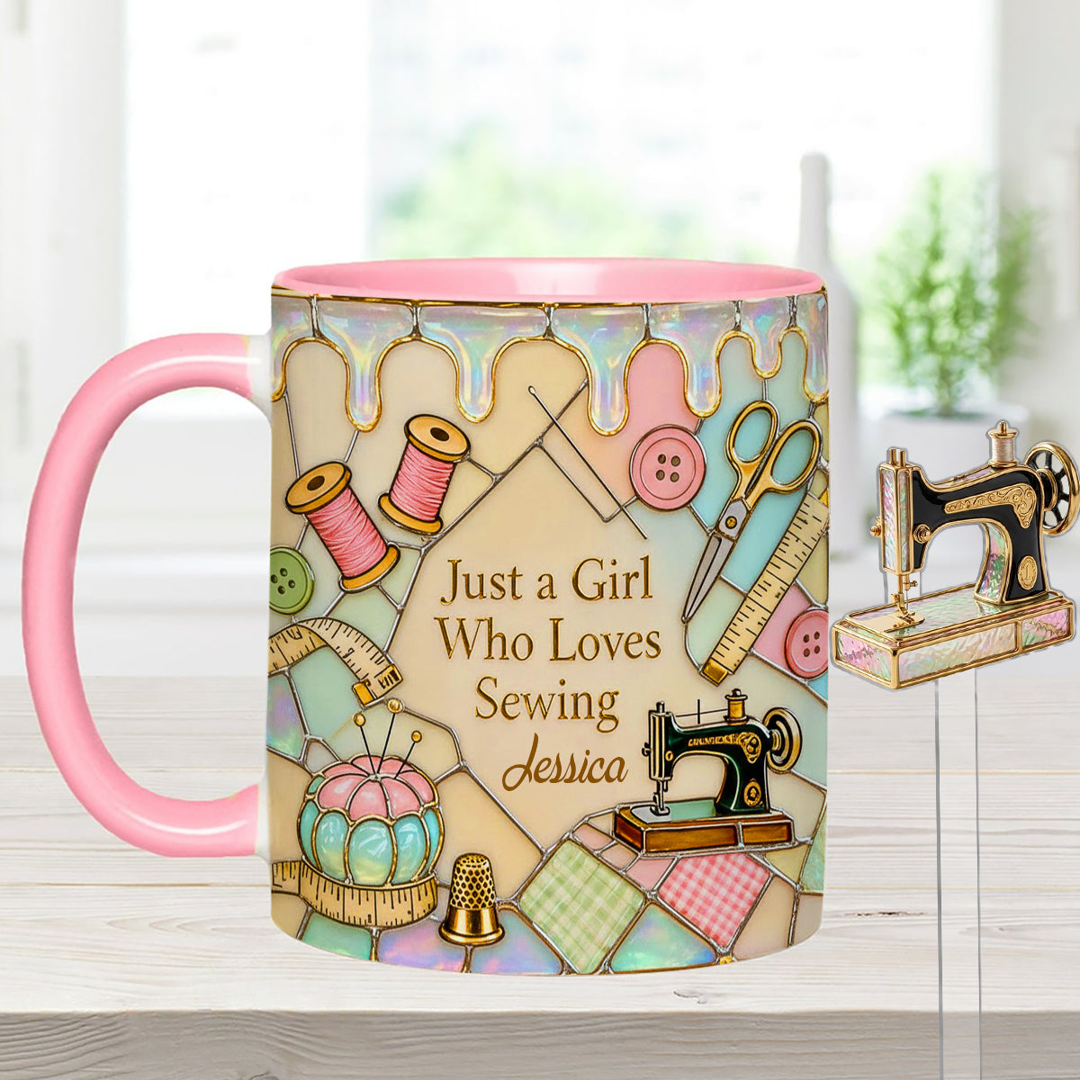 Just A Girl Who Loves Sewing - Personalized Sewing Set Accent Mug with Acrylic Stirrers