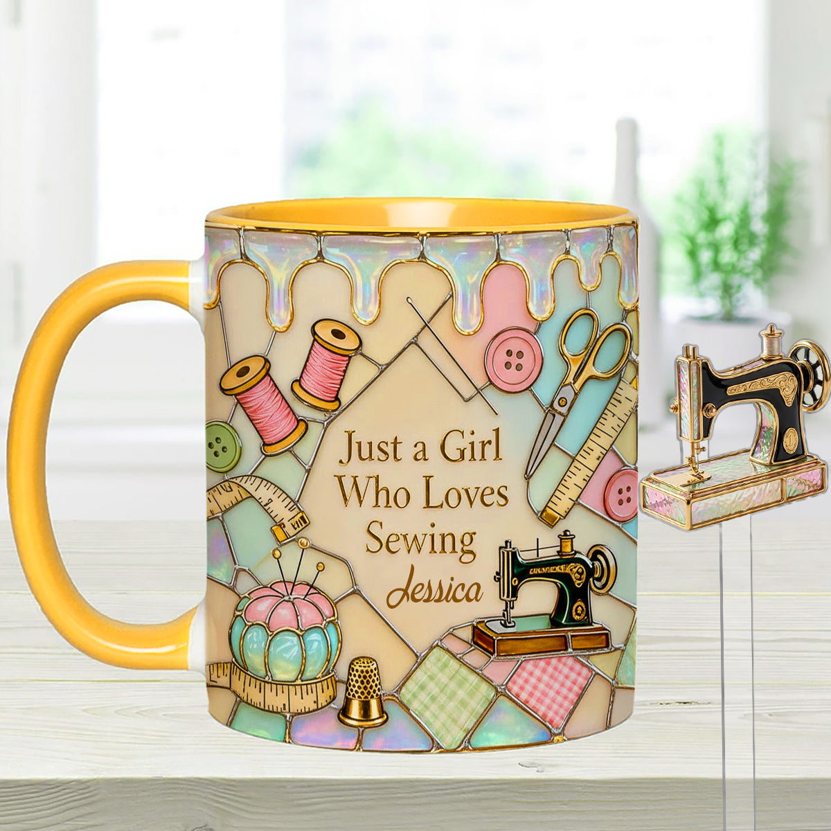 Just A Girl Who Loves Sewing - Personalized Sewing Set Accent Mug with Acrylic Stirrers