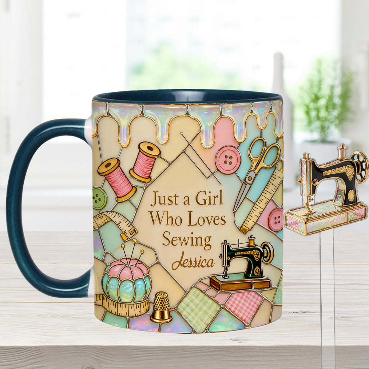 Just A Girl Who Loves Sewing - Personalized Sewing Set Accent Mug with Acrylic Stirrers