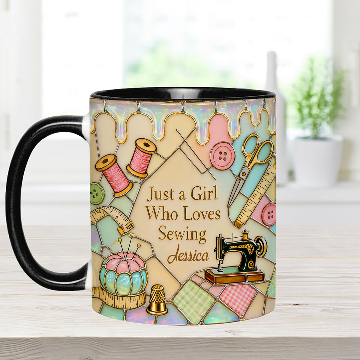 Just A Girl Who Loves Sewing - Personalized Sewing Set Accent Mug with Acrylic Stirrers