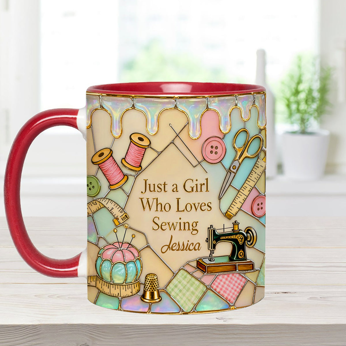 Just A Girl Who Loves Sewing - Personalized Sewing Set Accent Mug with Acrylic Stirrers