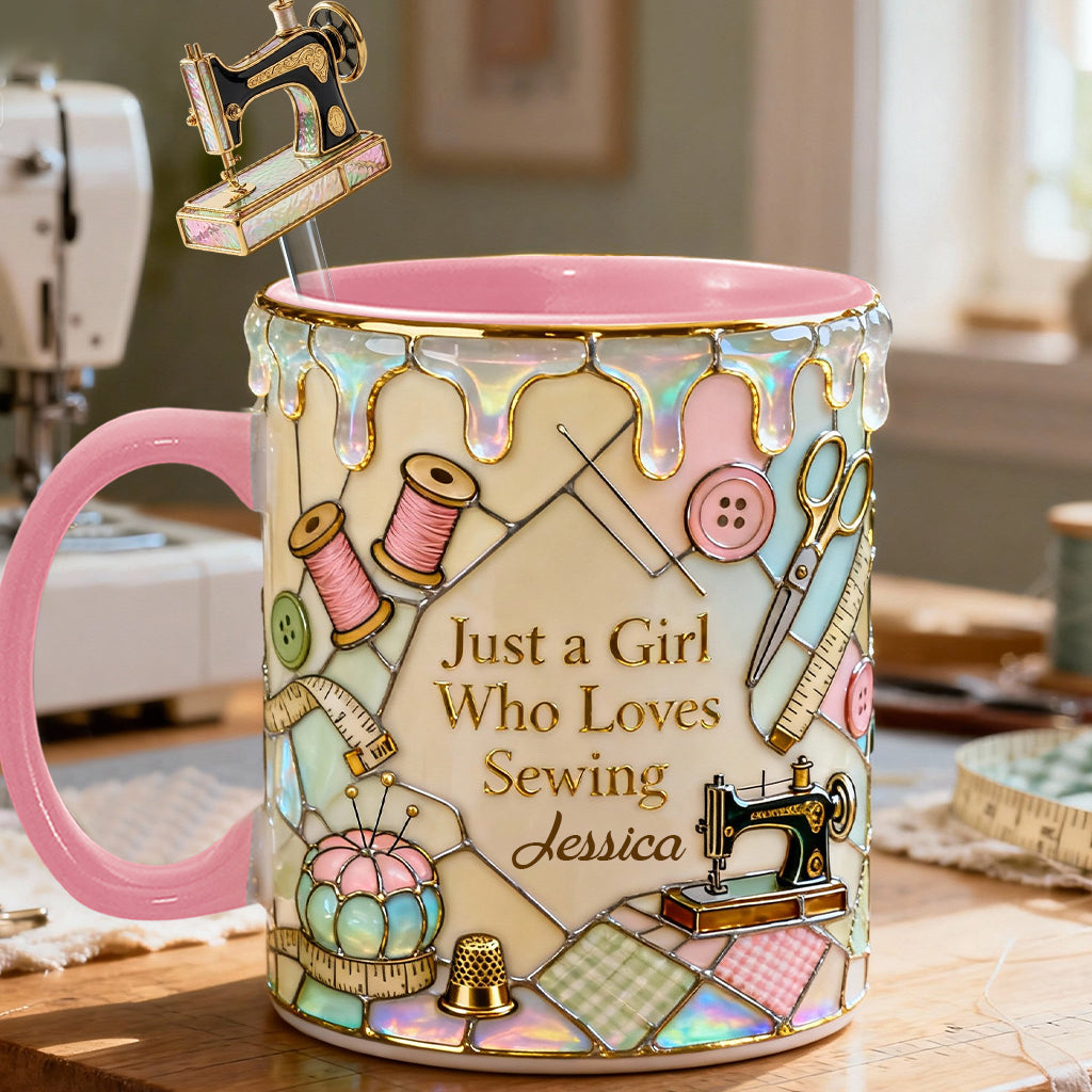 Just A Girl Who Loves Sewing - Personalized Sewing Set Accent Mug with Acrylic Stirrers
