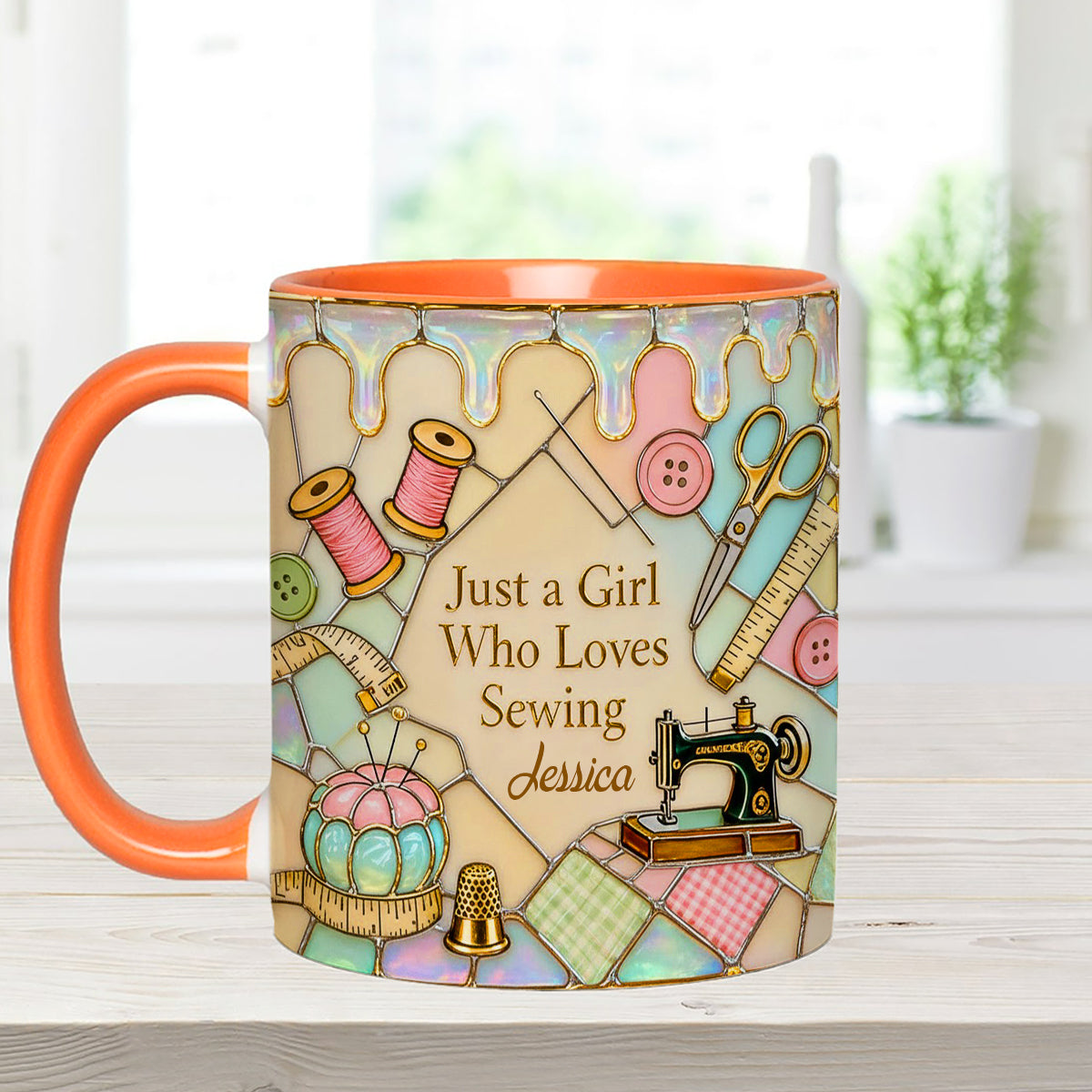Just A Girl Who Loves Sewing - Personalized Sewing Set Accent Mug with Acrylic Stirrers