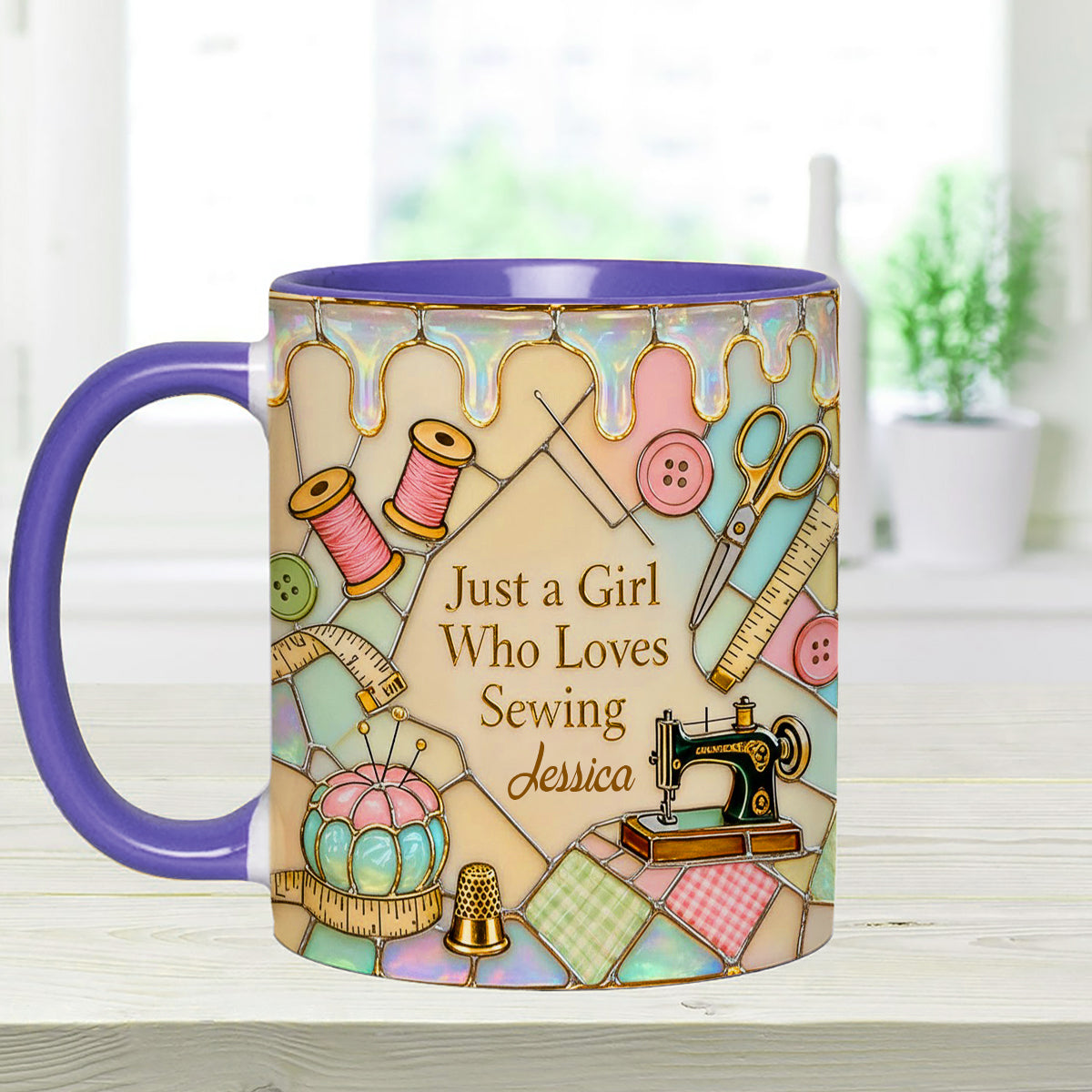 Just A Girl Who Loves Sewing - Personalized Sewing Set Accent Mug with Acrylic Stirrers