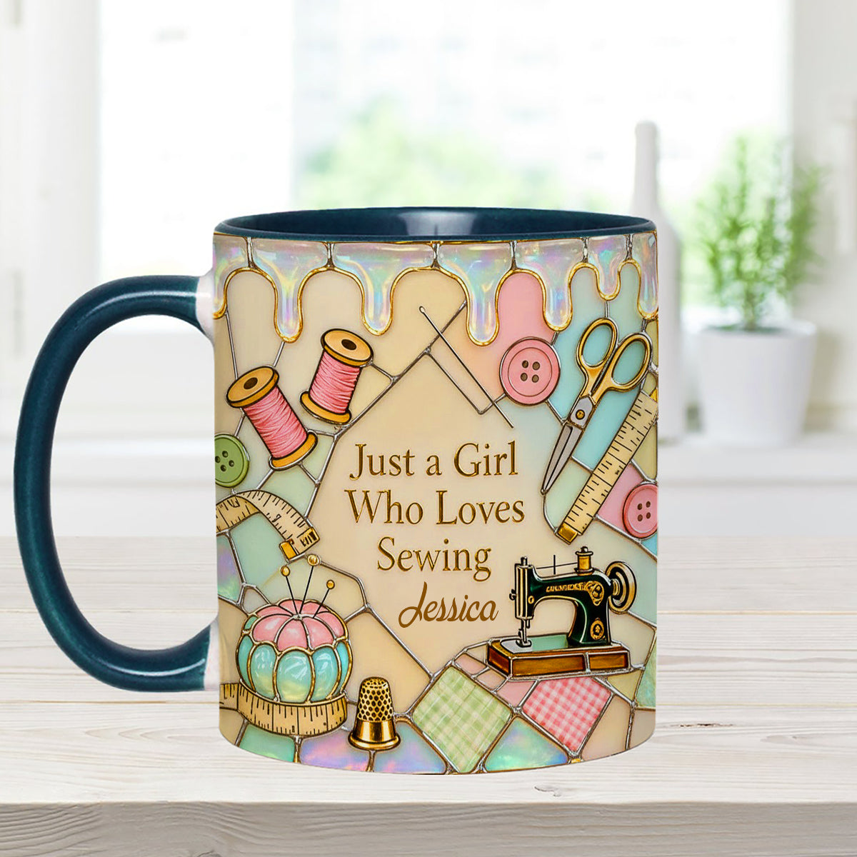 Just A Girl Who Loves Sewing - Personalized Sewing Set Accent Mug with Acrylic Stirrers