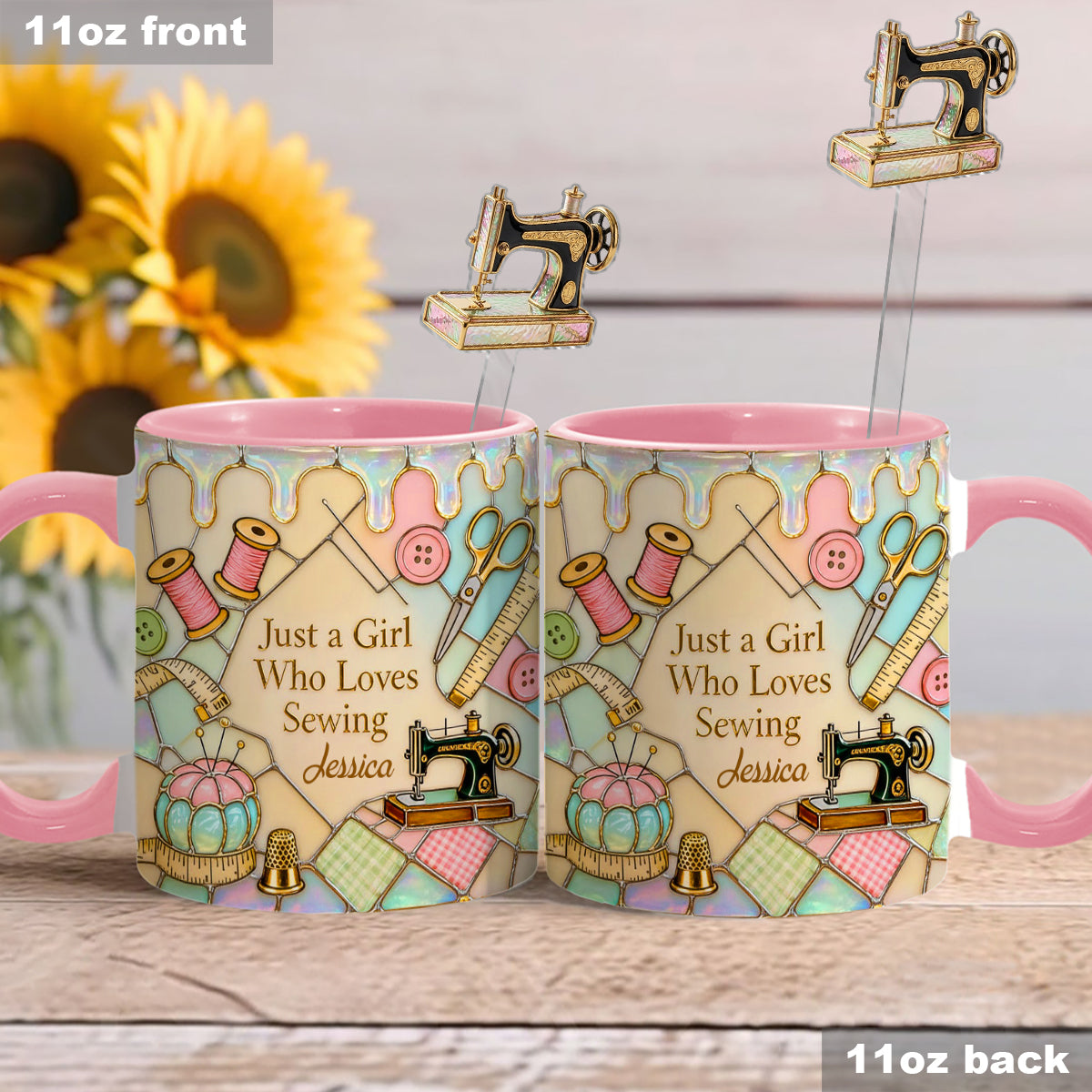 Just A Girl Who Loves Sewing - Personalized Sewing Set Accent Mug with Acrylic Stirrers