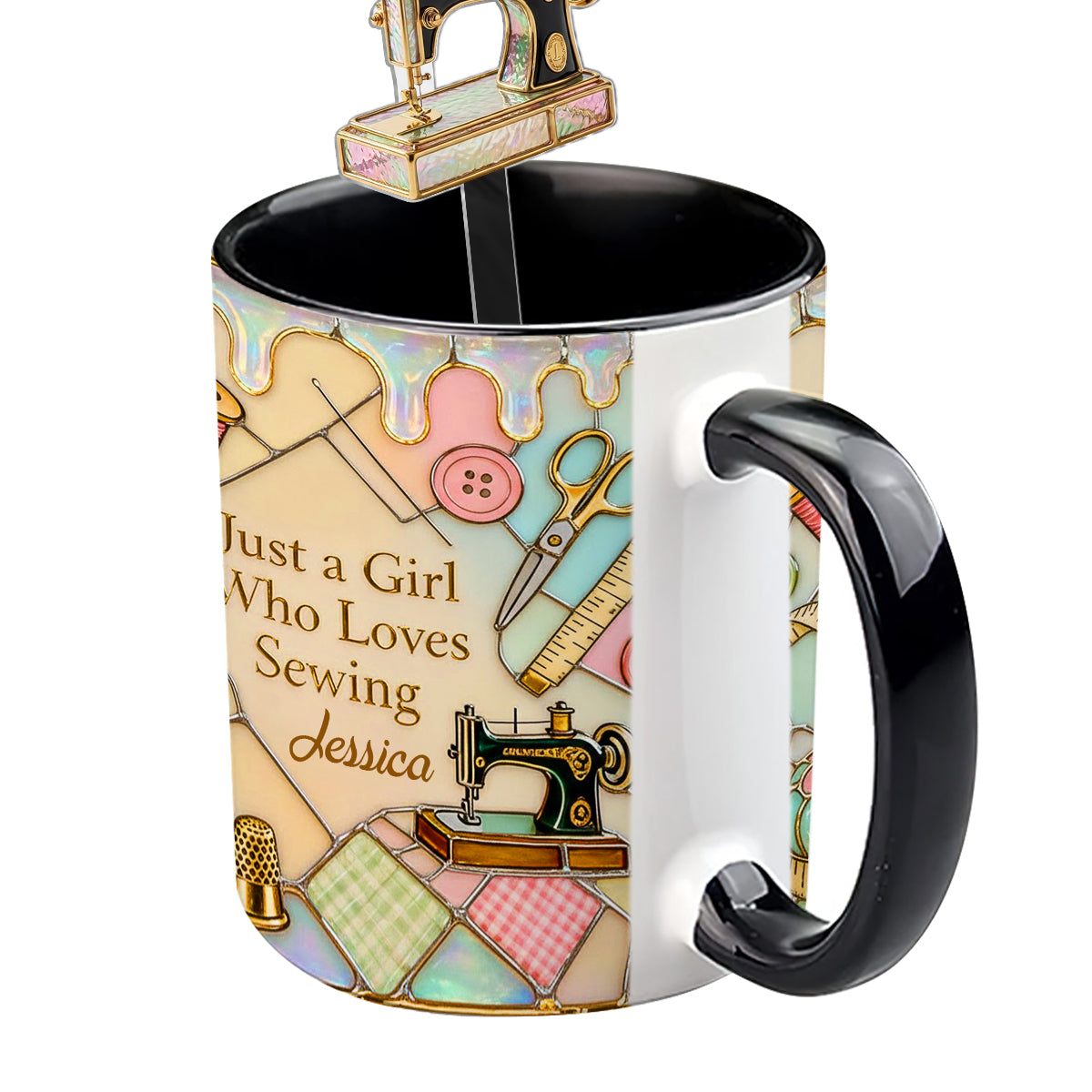 Just A Girl Who Loves Sewing - Personalized Sewing Set Accent Mug with Acrylic Stirrers