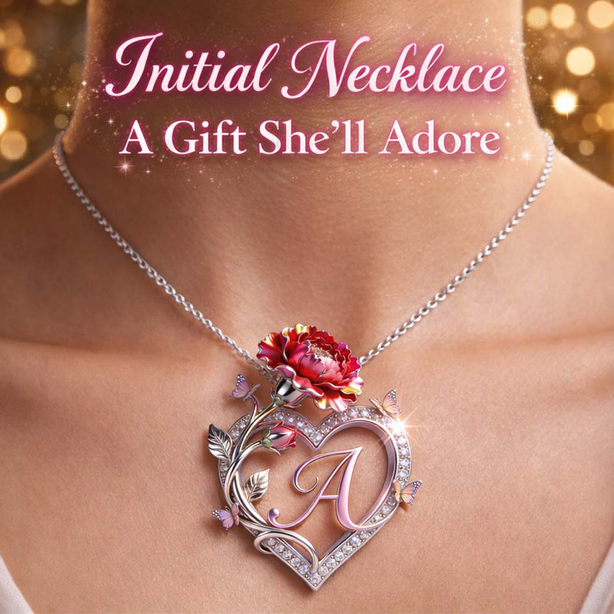 Inital Necklace, Birth Month Flowers - Personalized Birth Month Flower Shaped Metal Pendant Necklace