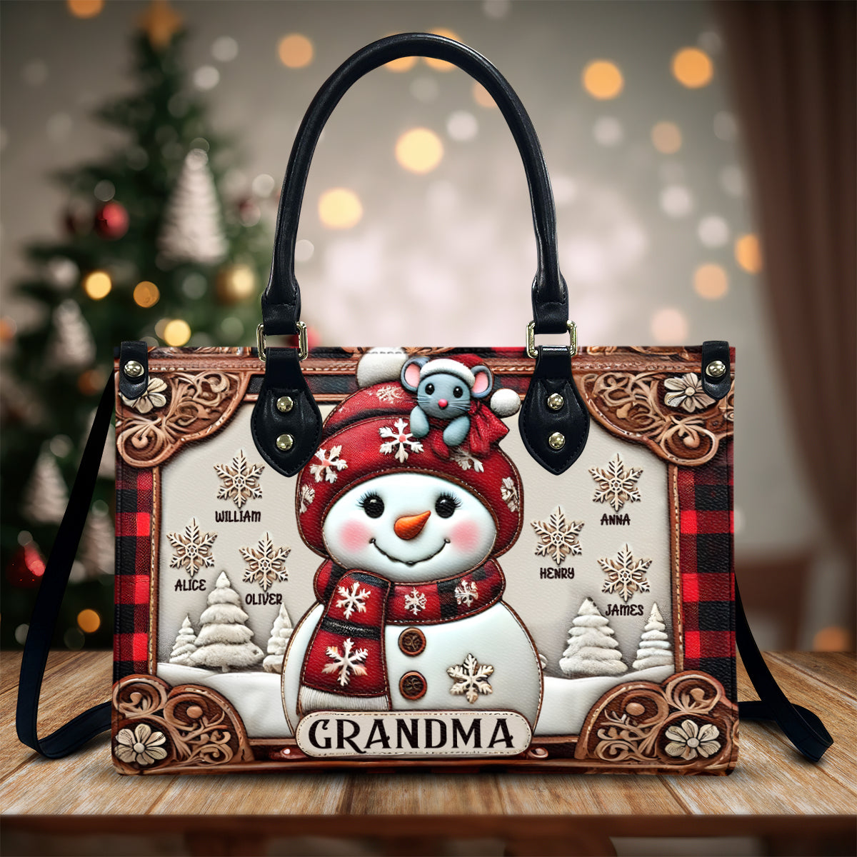 Grandma Snowman Christmas - Personalized Grandma Leather Handbag