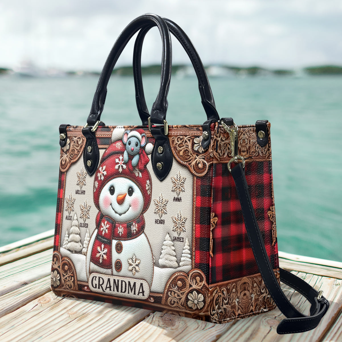 Grandma Snowman Christmas - Personalized Grandma Leather Handbag