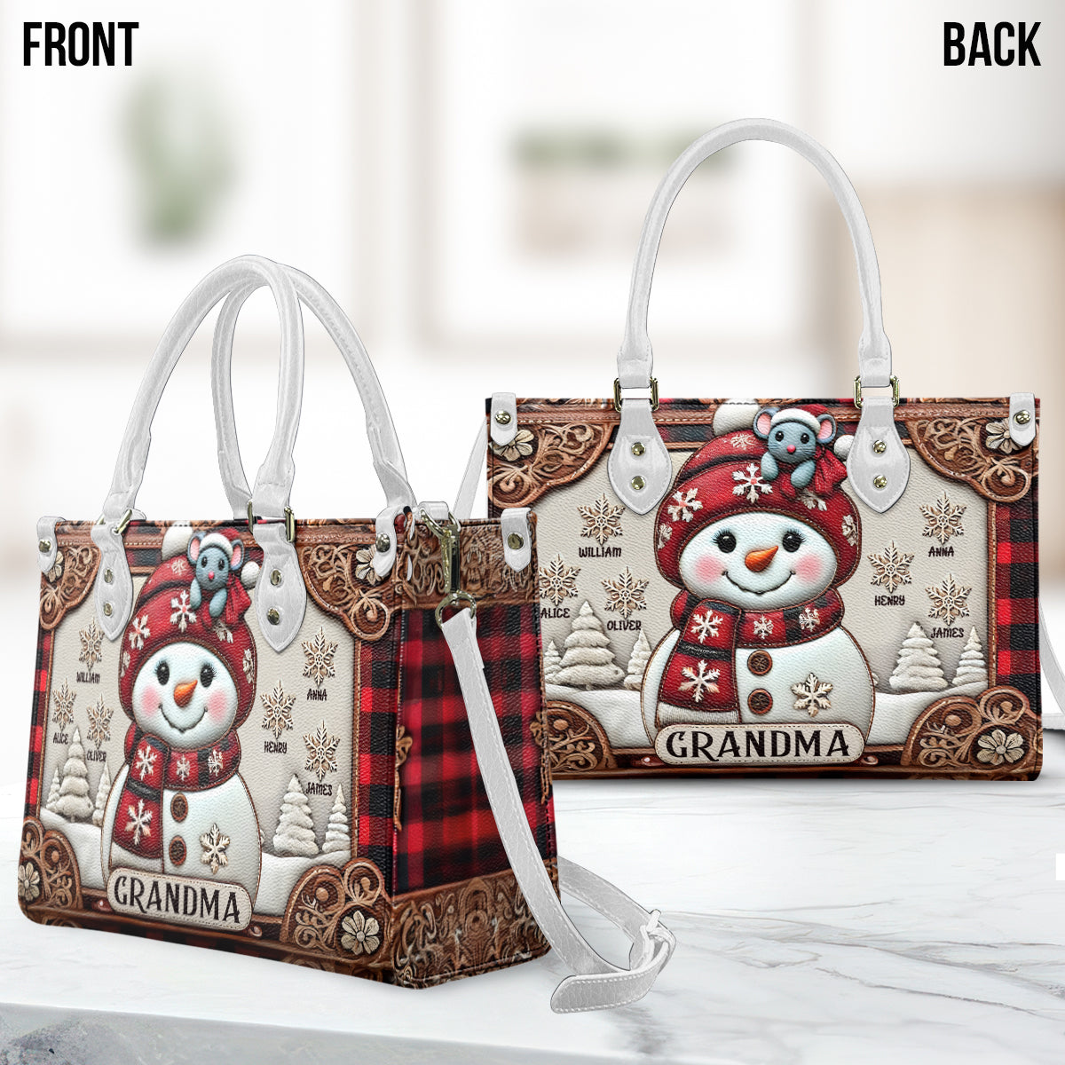 Grandma Snowman Christmas - Personalized Grandma Leather Handbag