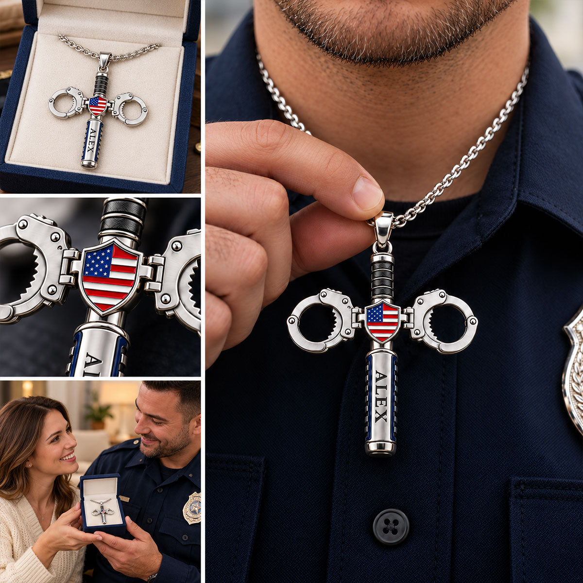 God Blessed The Blue - Personalized Police Officer Shaped Metal Pendant Necklace
