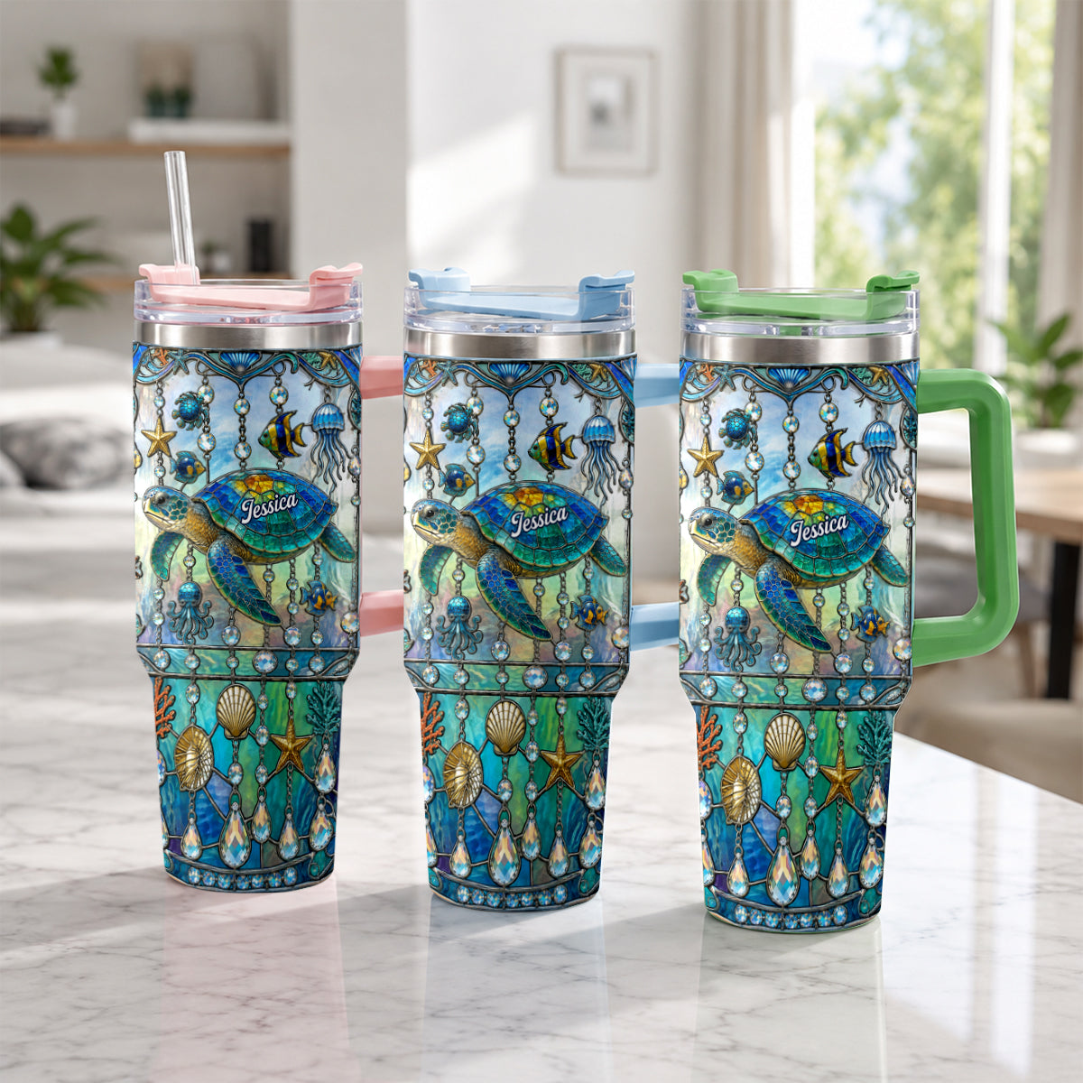 Ocean Turtle - Personalized Turtle Tumbler With Handle