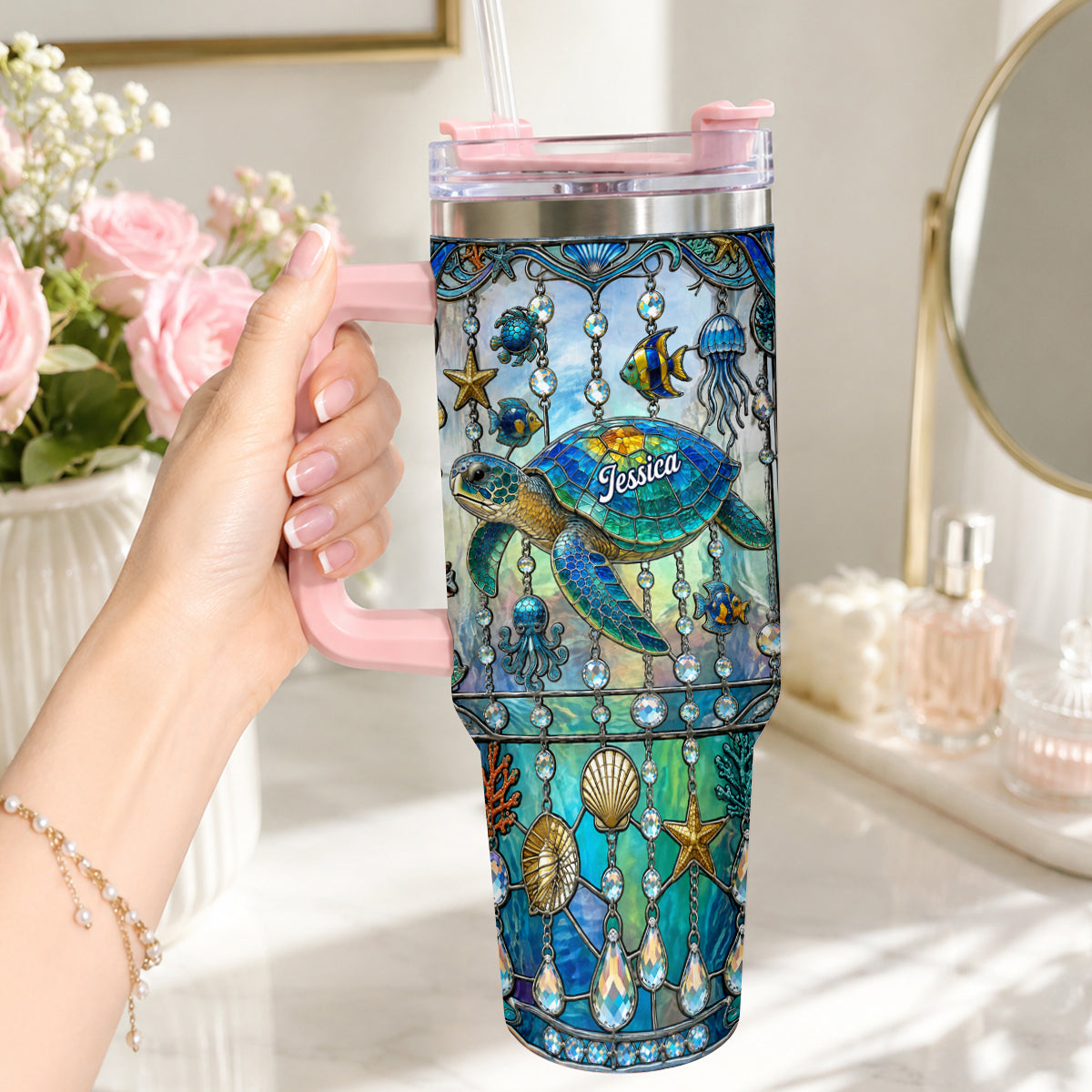 Ocean Turtle - Personalized Turtle Tumbler With Handle