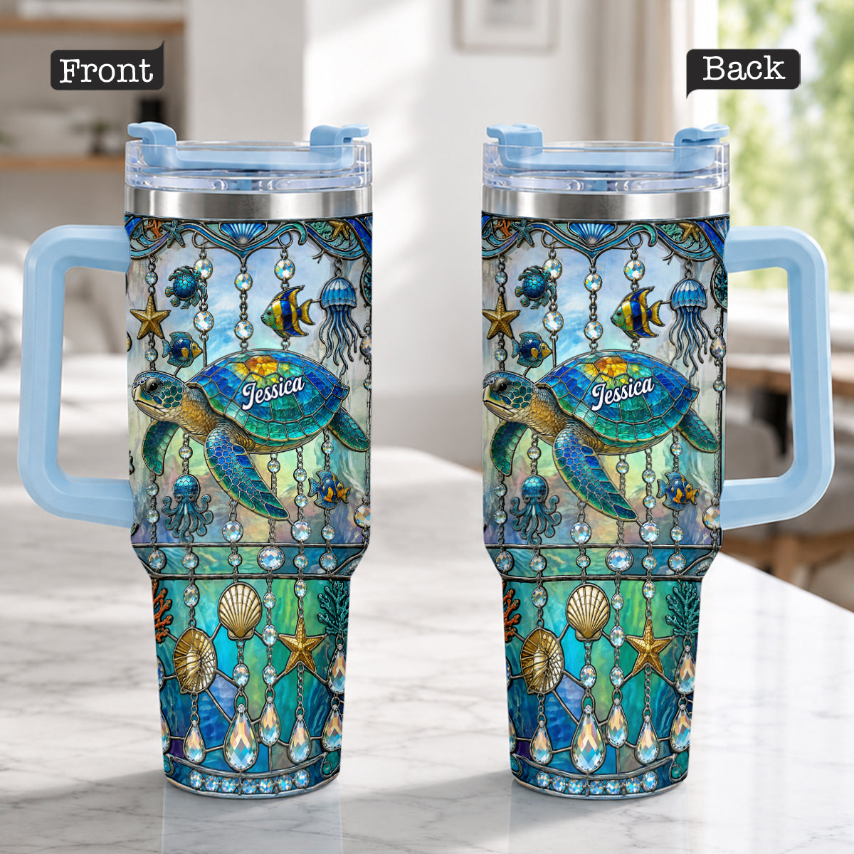 Ocean Turtle - Personalized Turtle Tumbler With Handle