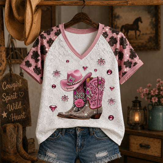 Western Style Cowboy Boots - Personalized Cowgirl Fully Printed V-Neck T-Shirt