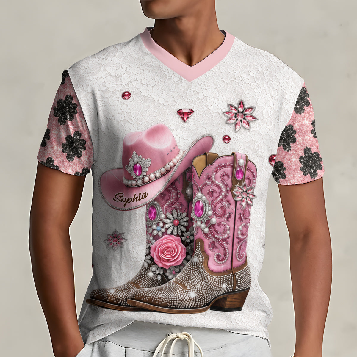 Western Style Cowboy Boots - Personalized Cowgirl Fully Printed V-Neck T-Shirt