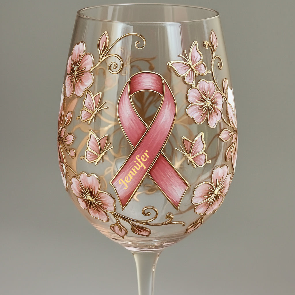 Pink Ribbon - Personalized Breast Cancer Awareness Wine Glass With Long Stem