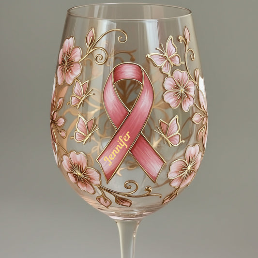 Pink Ribbon - Personalized Breast Cancer Awareness Wine Glass With Long Stem