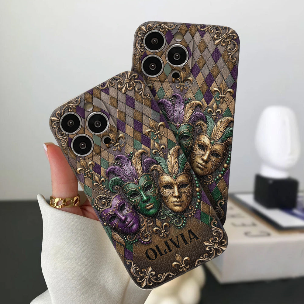 Mardi Gras Fleur de Lis - Personalized Mardi Gras Leather Phone Case