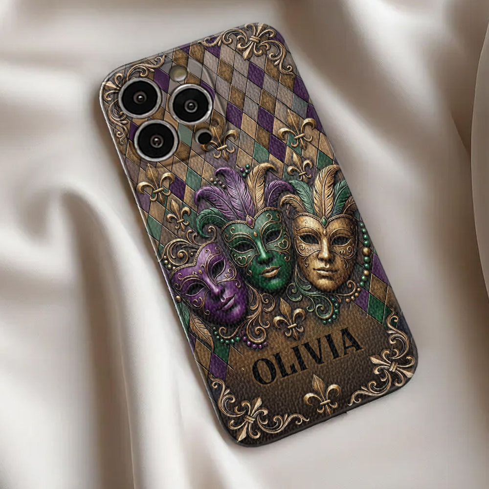 Mardi Gras Fleur de Lis - Personalized Mardi Gras Leather Phone Case