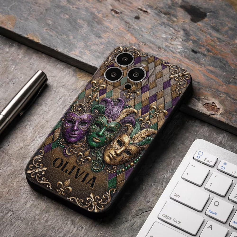 Mardi Gras Fleur de Lis - Personalized Mardi Gras Leather Phone Case