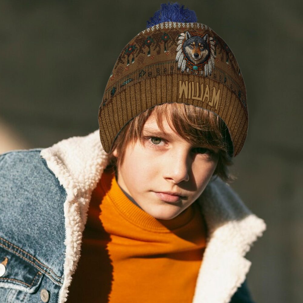 Native American Wolf - Personalized American Indian Beanie Hat