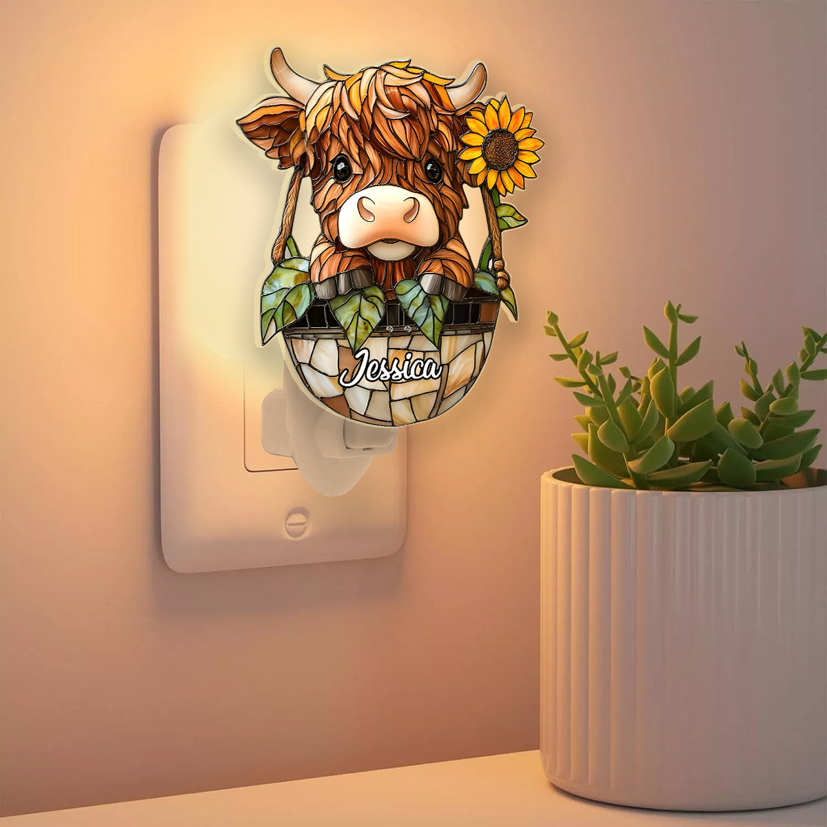 Cute Highland Cow - Personalized Highland Cow Acrylic Plug-In Night Light
