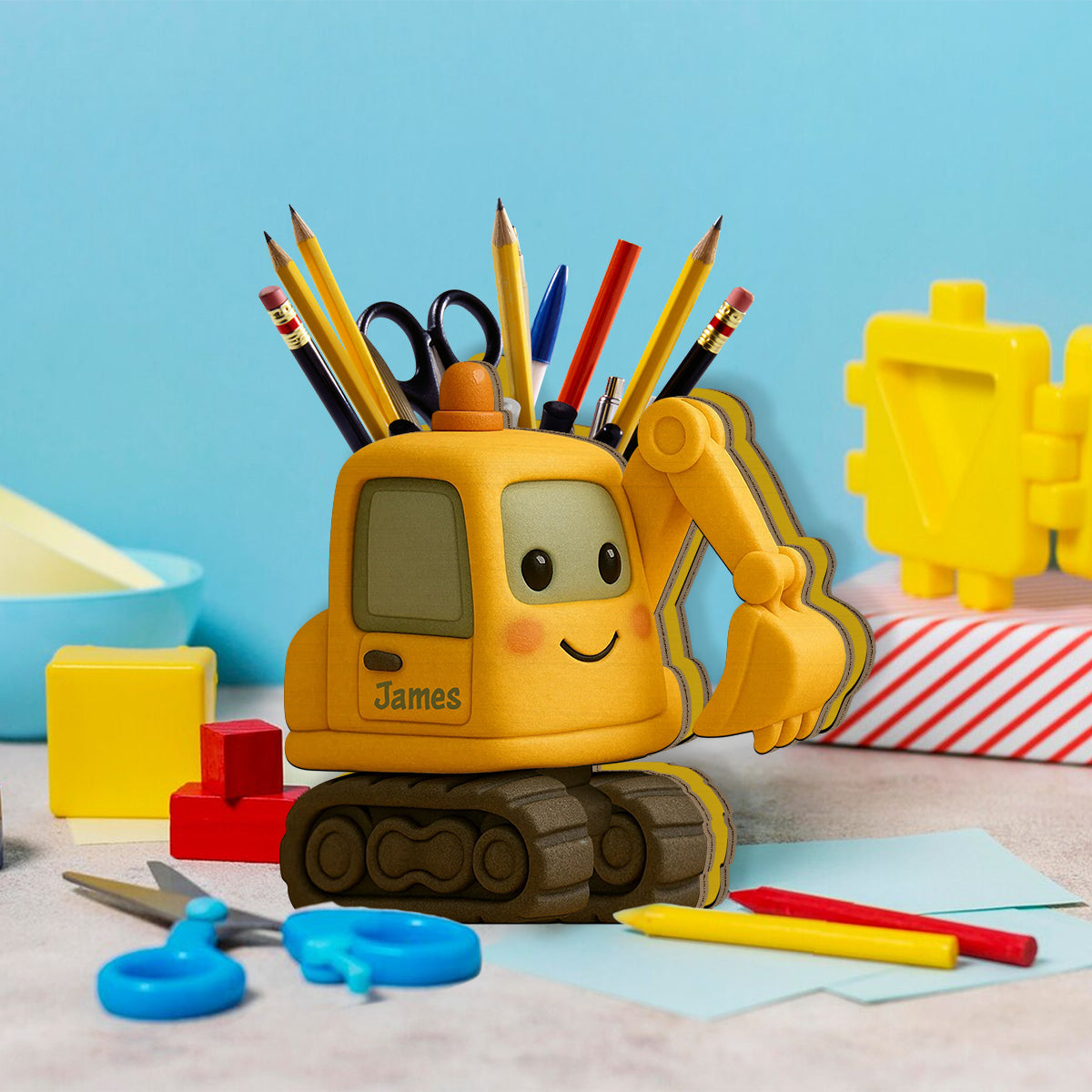 Cute Excavator - Personalized Kid Wooden Pen Holder