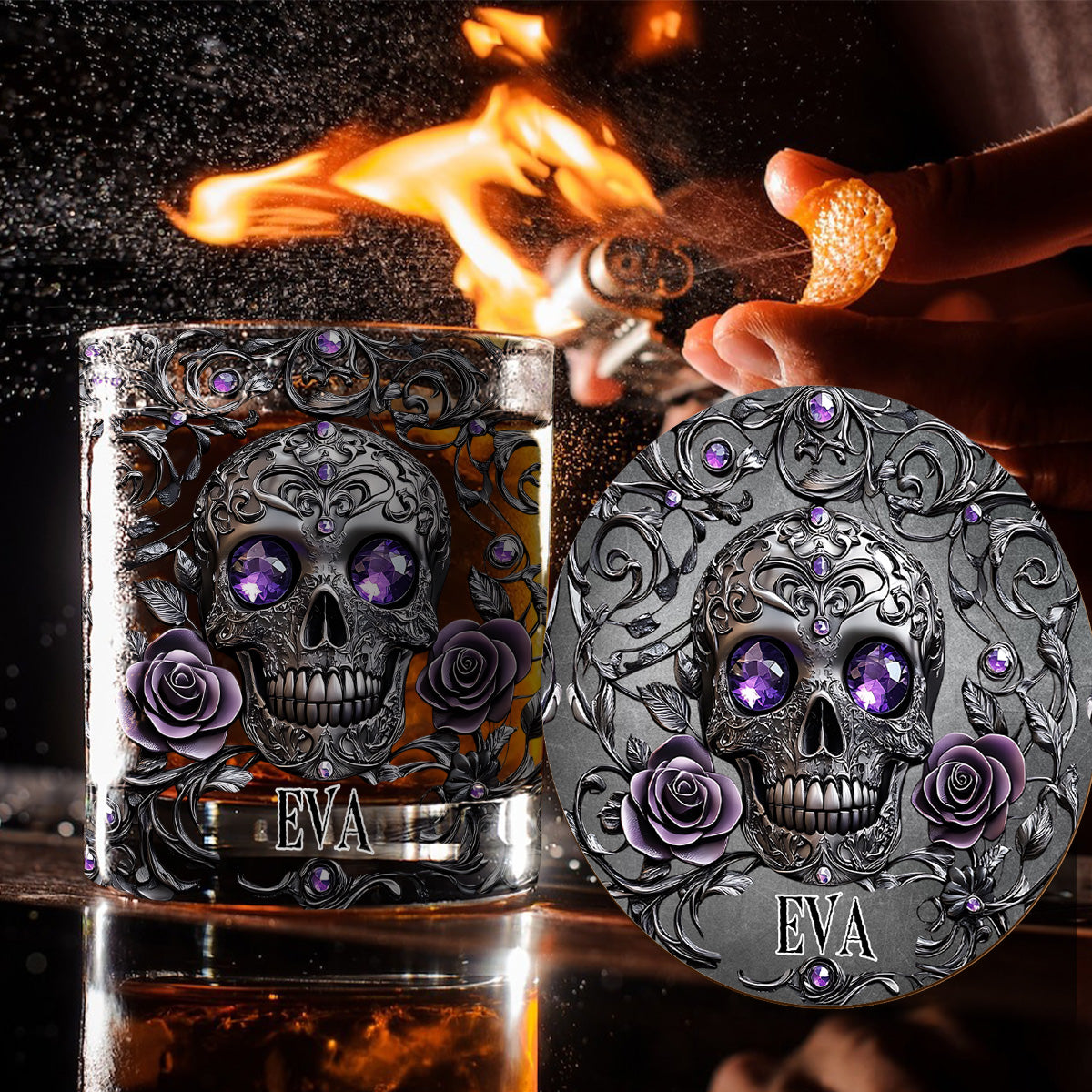 Beautiful Skull And Roses - Personalized Skull Whiskey Glass