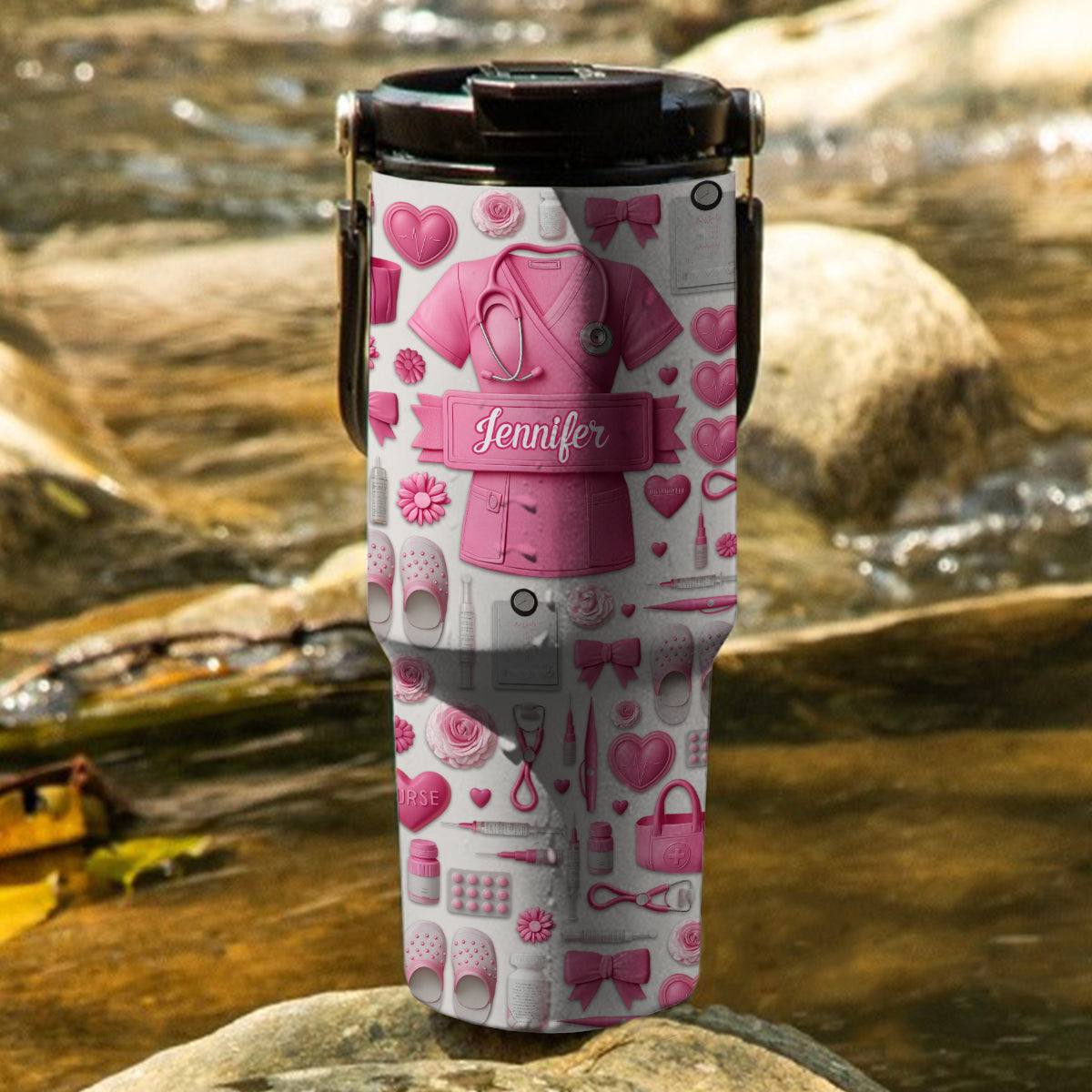 Nursing Is A Work Of Heart - Personalized Nurse Tumbler With Grip Handle