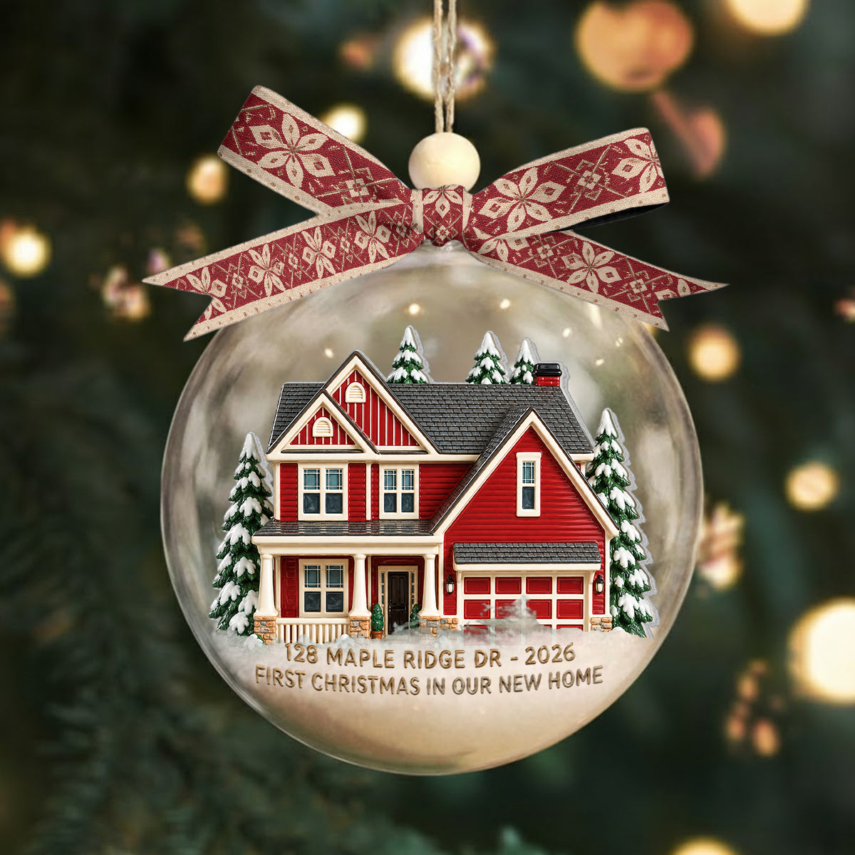 First Christmas in Our New Home - Personalized Family Snow Globe Ornament With Bow