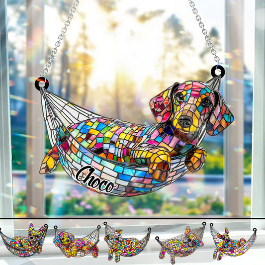 Stained Glass Chilling Dog - Personalized Dog Window Hanging Suncatcher Ornament