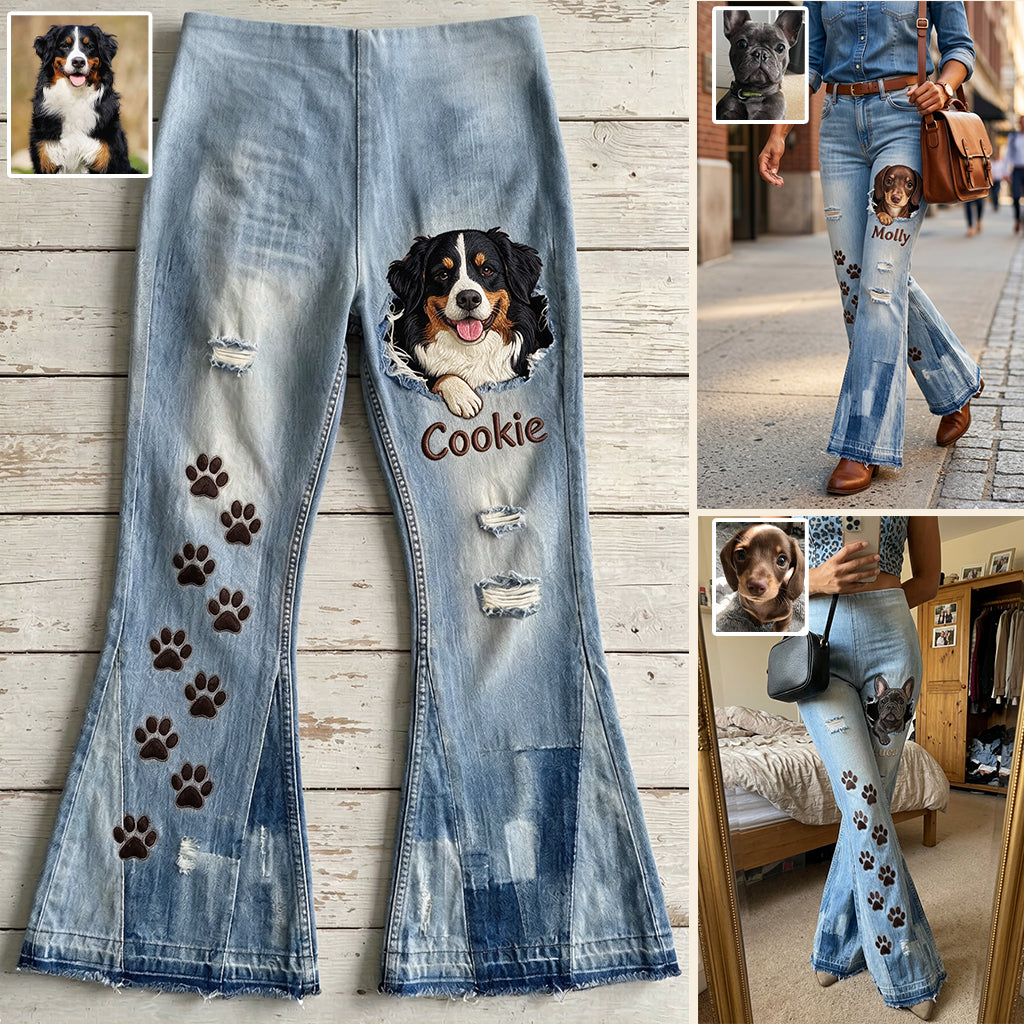 Cute Dog Peeking - Personalized Dog Flare Pants