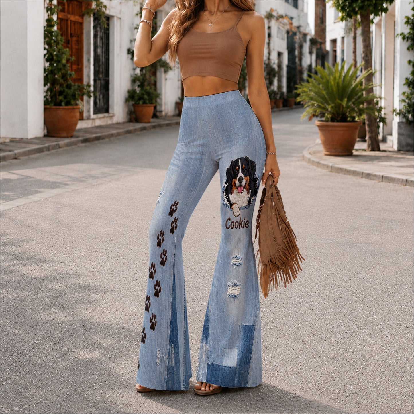 Cute Dog Peeking - Personalized Dog Flare Pants
