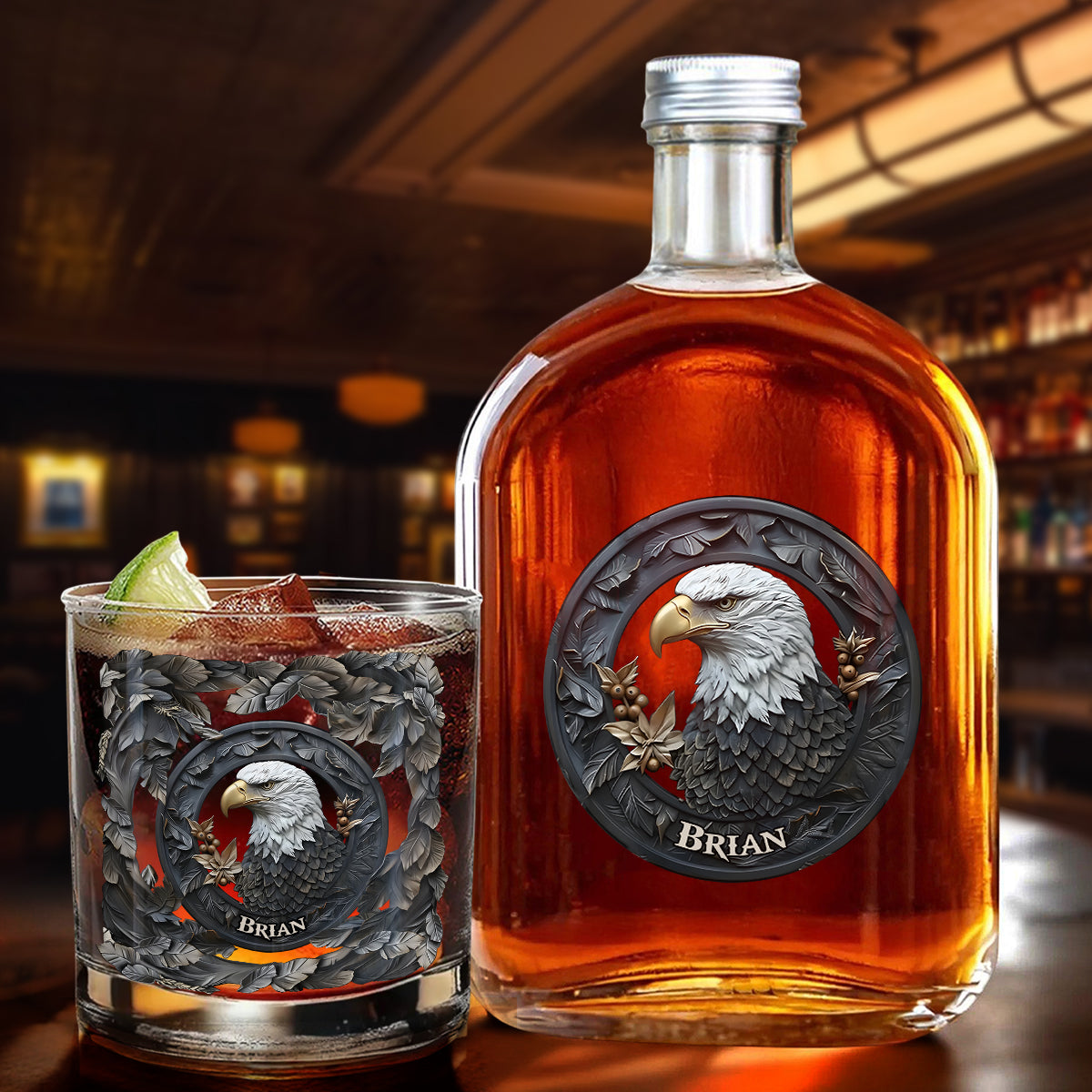 Strong Eagle - Personalized Bald Eagle Whiskey Bottle & Glass