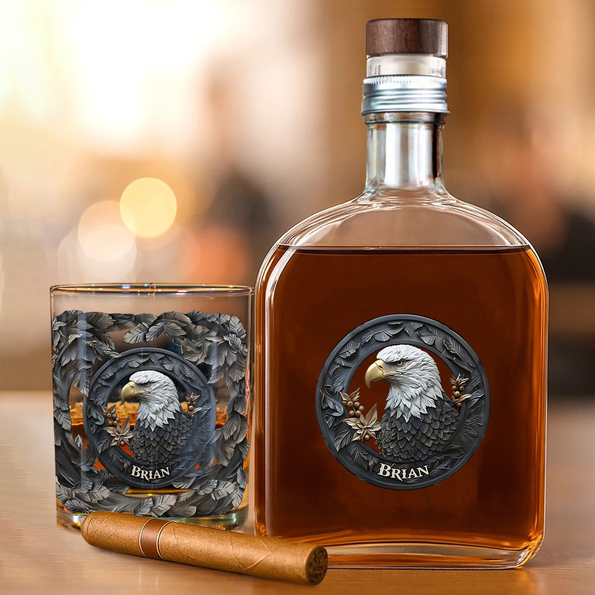 Strong Eagle - Personalized Bald Eagle Whiskey Bottle & Glass