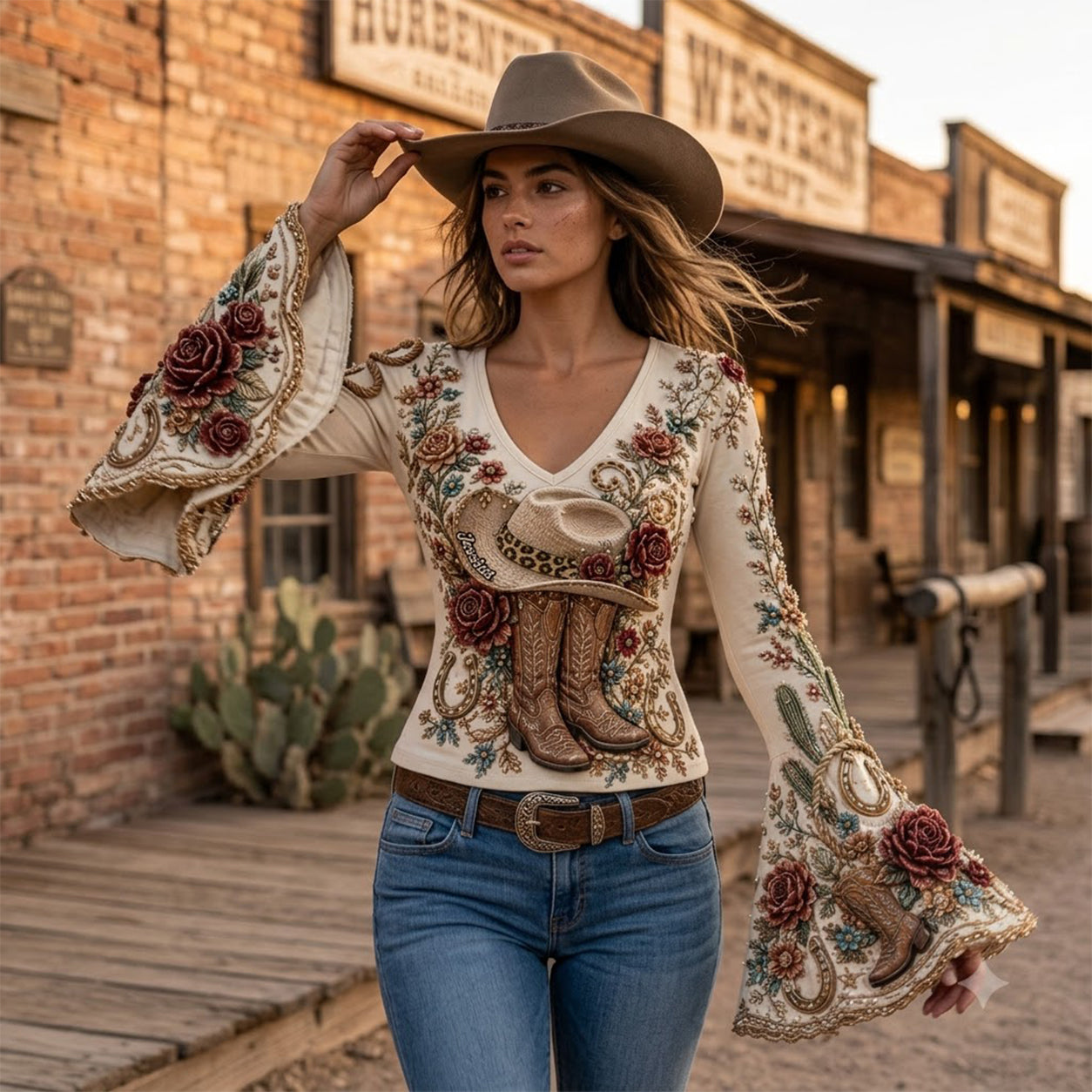 Rodeo Romance - Personalized Cowgirl Flare Long-Sleeve Shirt