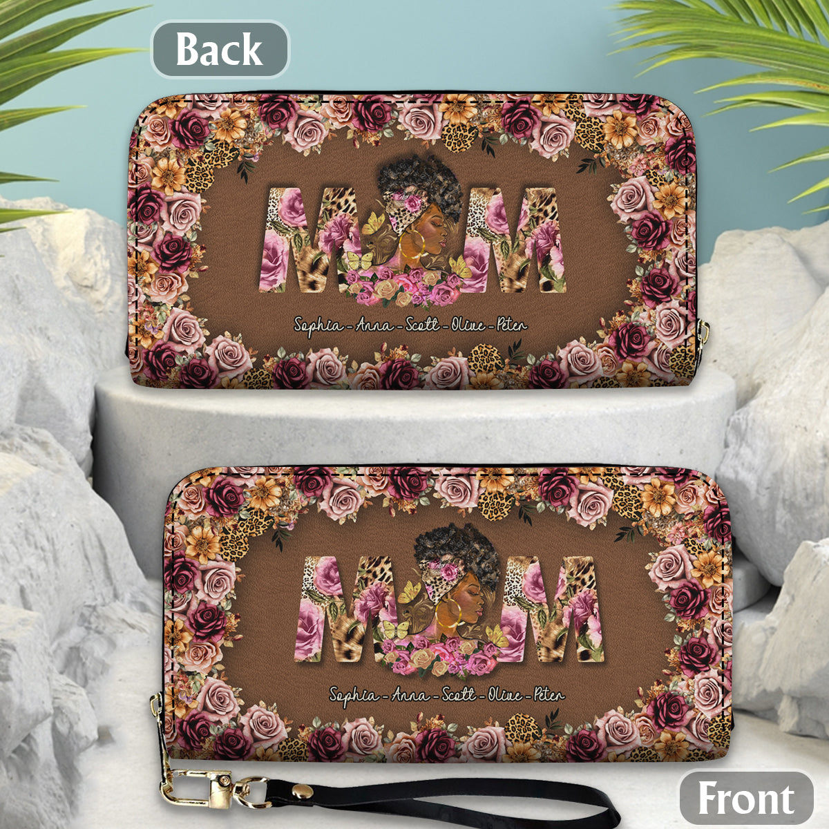 Leopard Afro Mom Grandma - Personalized Mother Leather Long Wallet