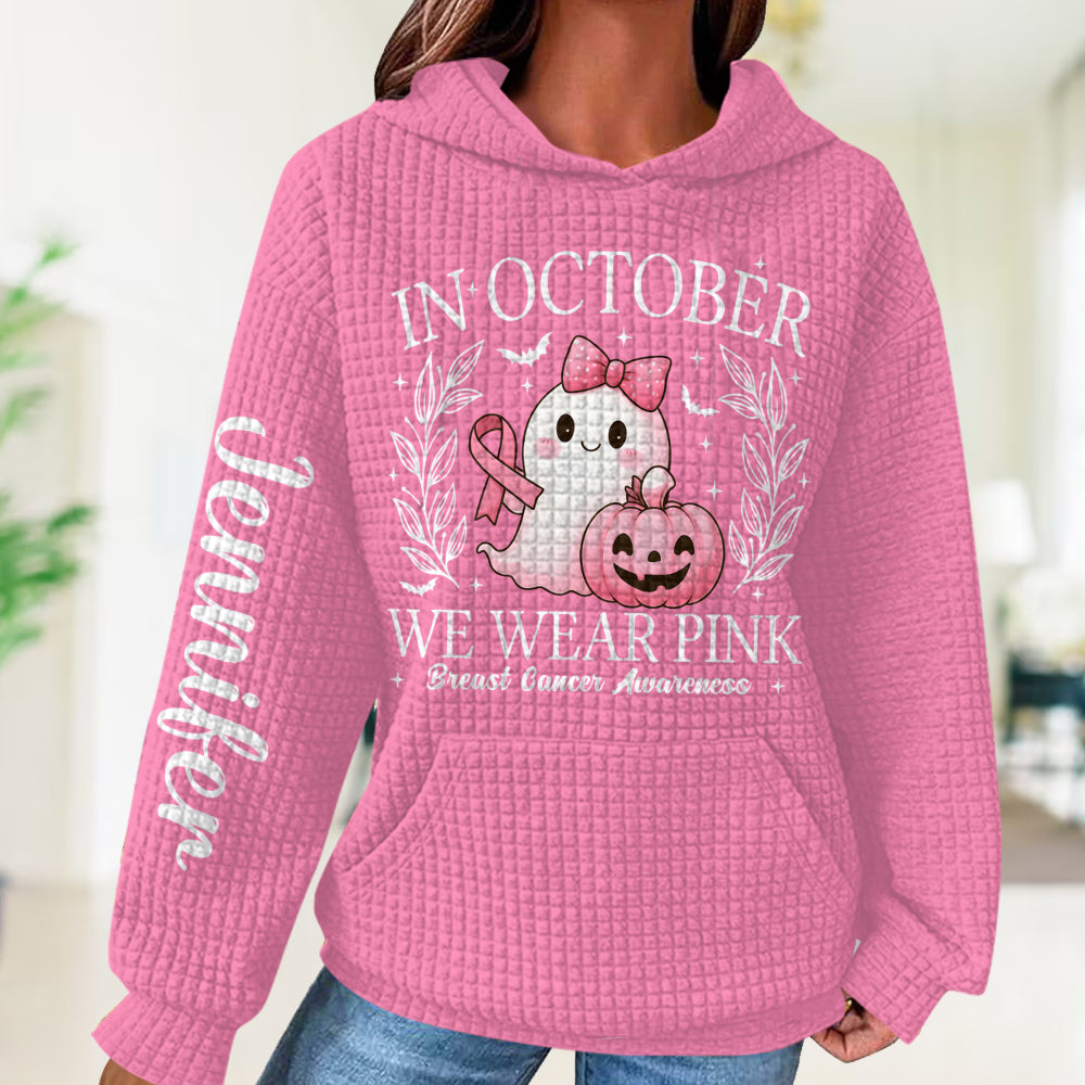 In October We Wear Pink Cute Ghost - Personalized Breast Cancer Awareness Waffle Hoodie