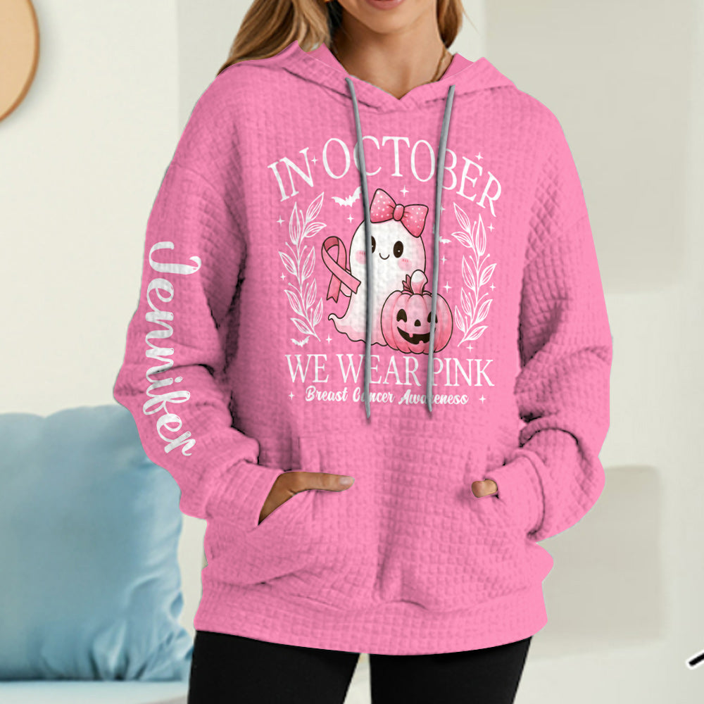 In October We Wear Pink Cute Ghost - Personalized Breast Cancer Awareness Waffle Hoodie
