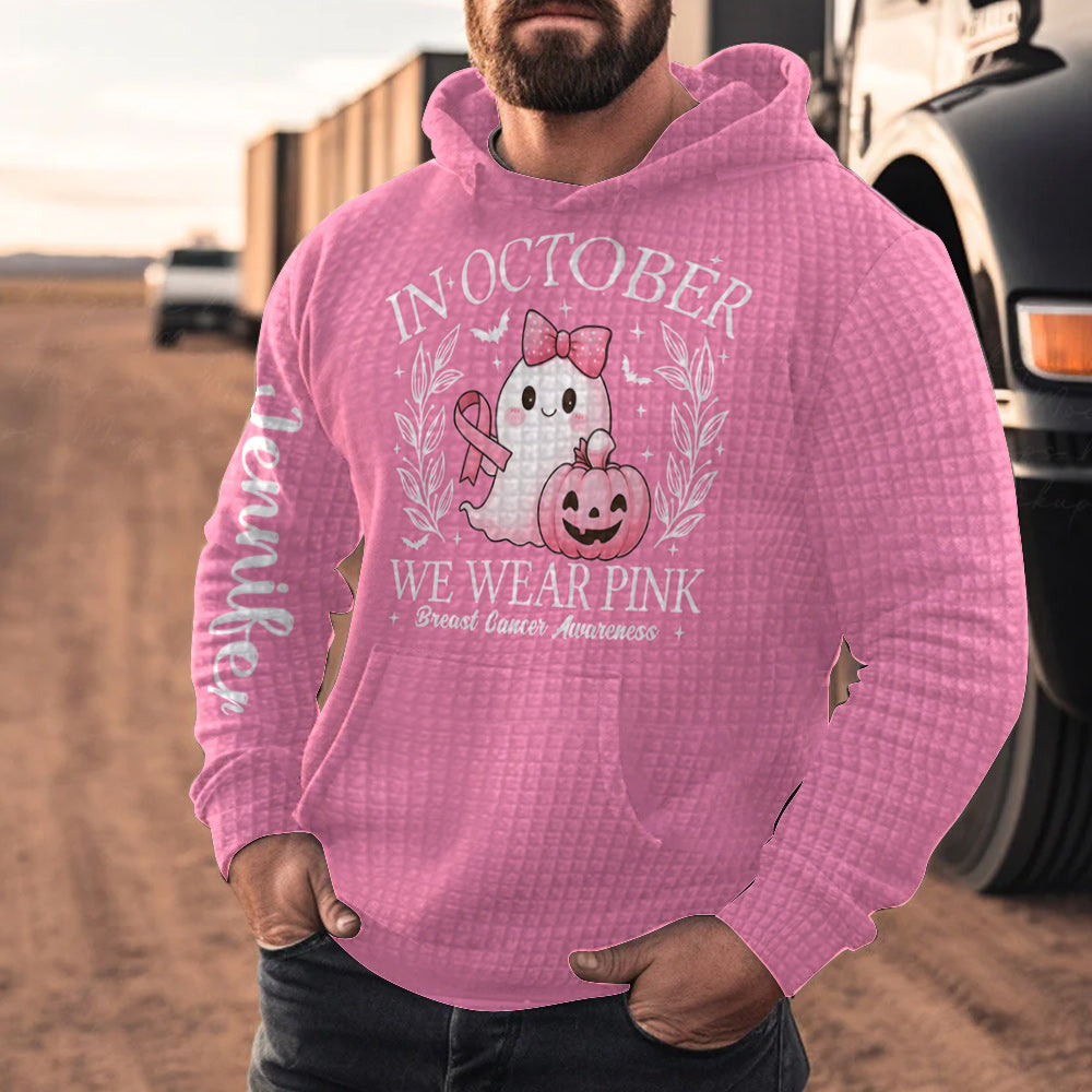In October We Wear Pink Cute Ghost - Personalized Breast Cancer Awareness Waffle Hoodie