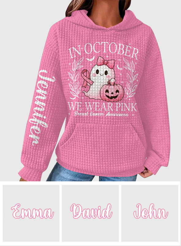 In October We Wear Pink Cute Ghost - Personalized Breast Cancer Awareness Waffle Hoodie
