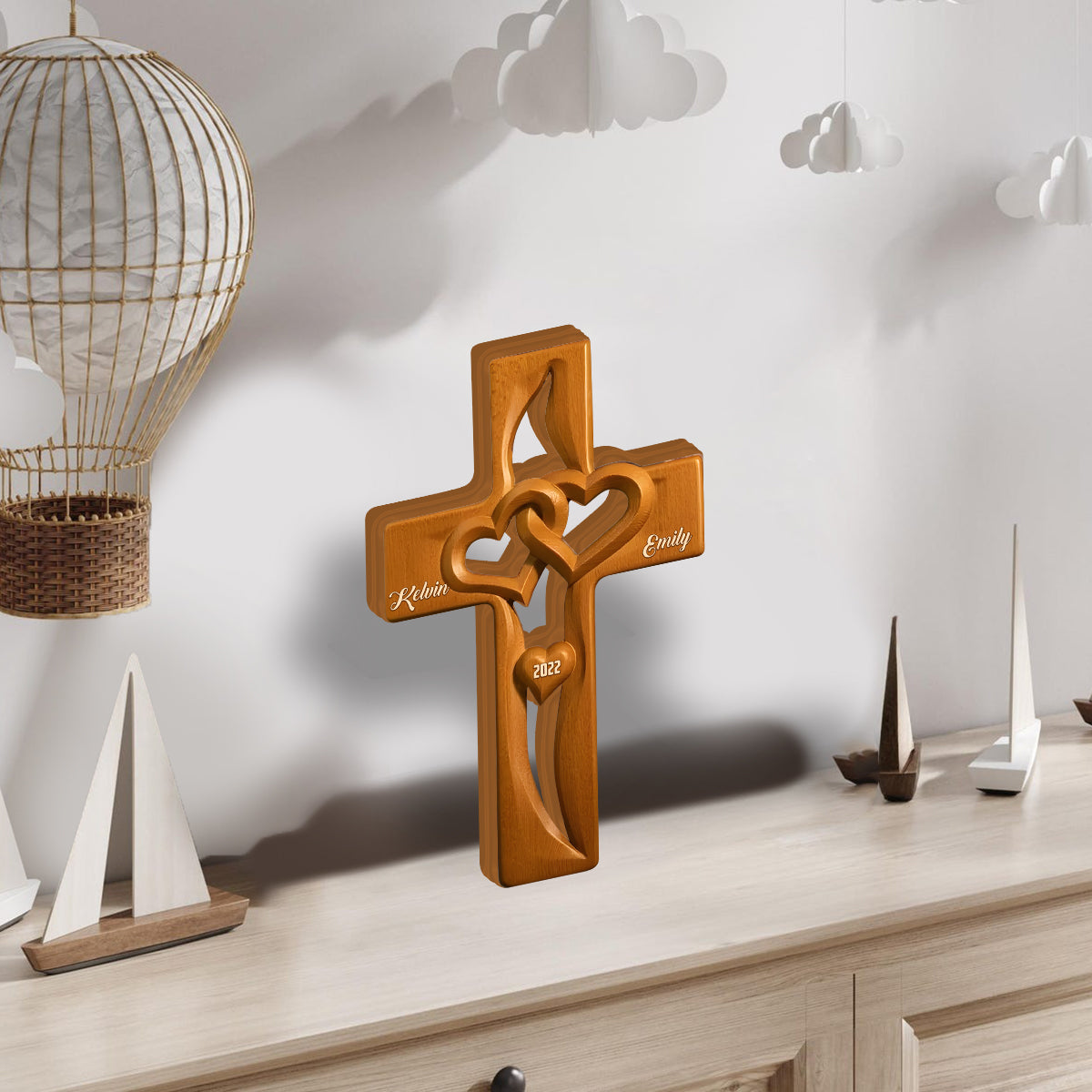 Intertwined Heart Wooden Cross, Specially Designed for Lovers - Personalized Couple Custom Shaped Wood Plaque