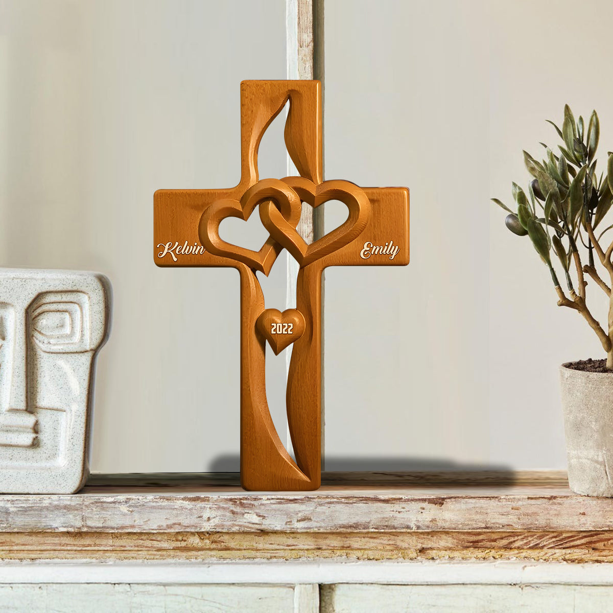 Intertwined Heart Wooden Cross, Specially Designed for Lovers - Personalized Couple Custom Shaped Wood Plaque
