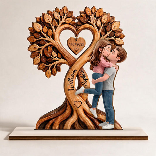 Personalized Couple Heart Tree Custom Shaped Wooden Plaque - Romantic Anniversary Gift