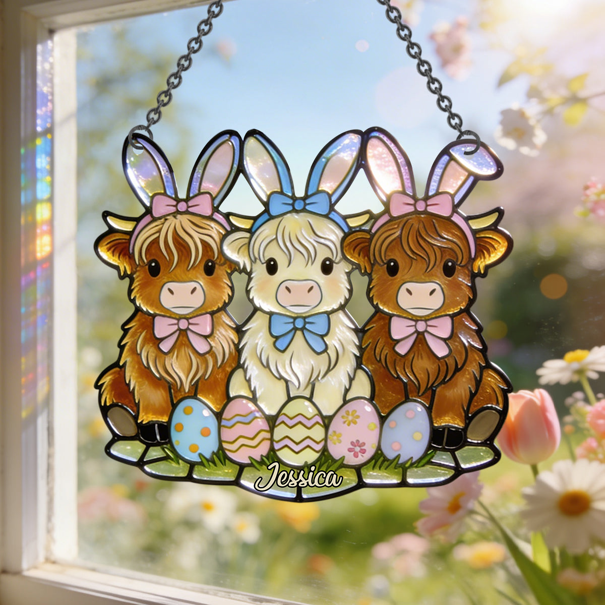 Easter Day Highland Cow - Personalized Highland Cow Window Hanging Suncatcher Ornament