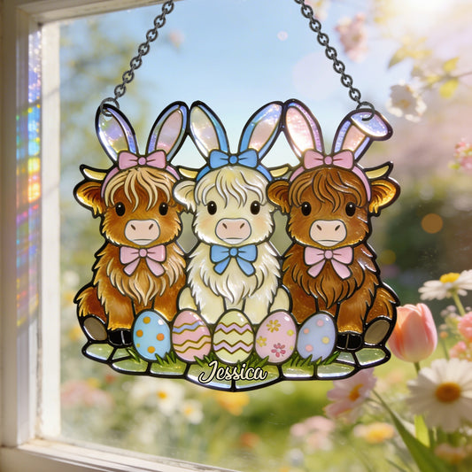 Easter Day Highland Cow - Personalized Highland Cow Window Hanging Suncatcher Ornament